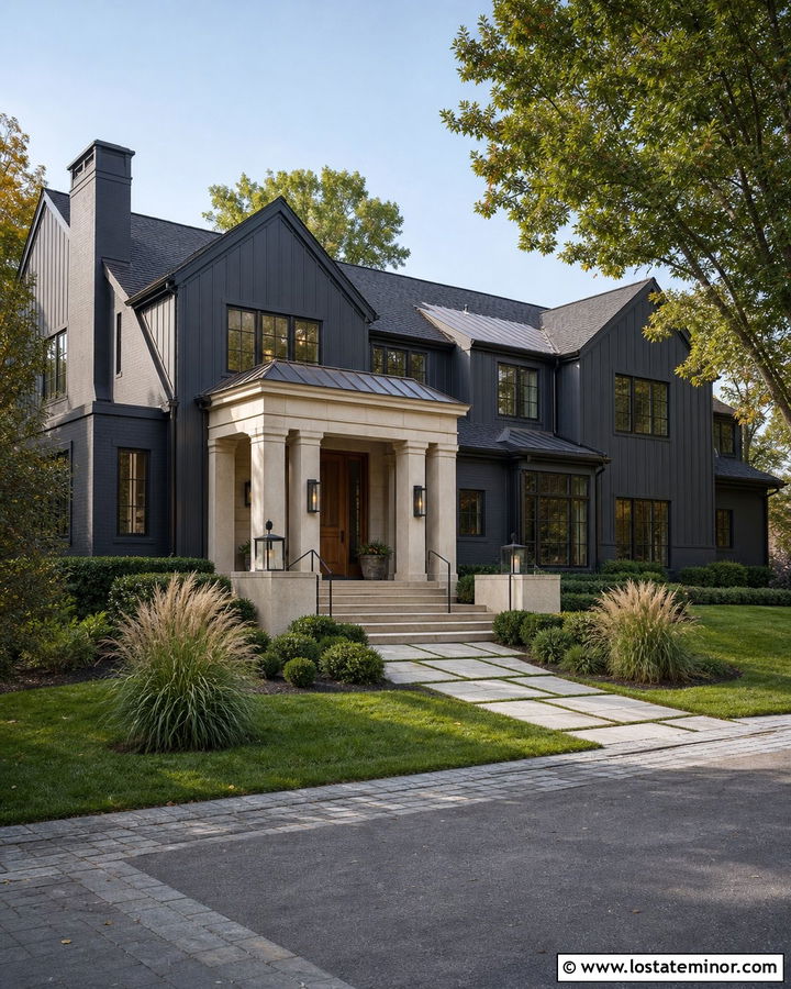 Charcoal Grey House With Limestone Portico - 30 Charcoal Grey House Design With Portico Ideas
