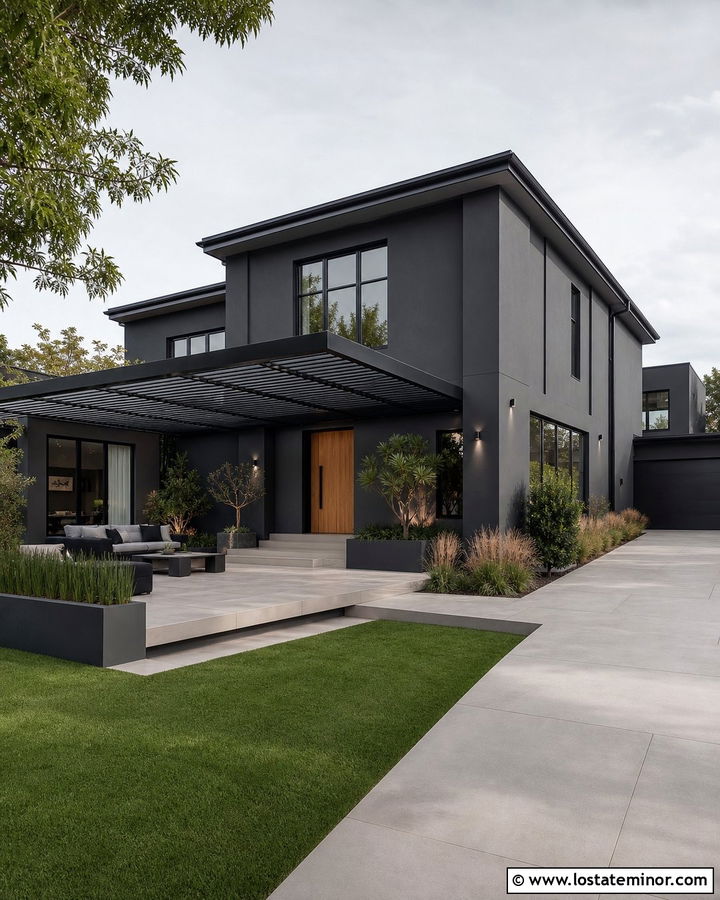 Charcoal Grey House With Louvered Pergola - 30 Charcoal Grey House Design With Pergola Ideas