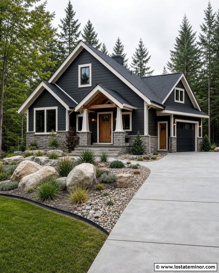 Charcoal Grey House With Low Maintenance Rock Garden - 30 Charcoal Grey House Design With Front Yard Ideas