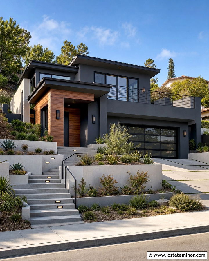 Charcoal Grey House With Low Step Lighting - 30 Charcoal Grey House Design With Lighting Ideas