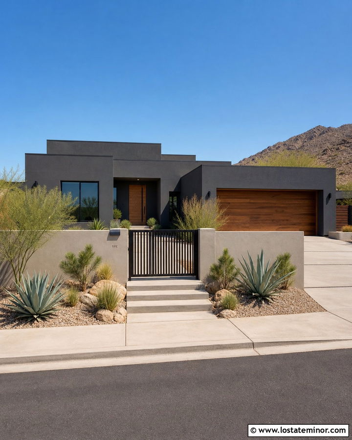 Charcoal Grey House With Low Stucco Fence - 30 Charcoal Grey House Design With Fence Ideas