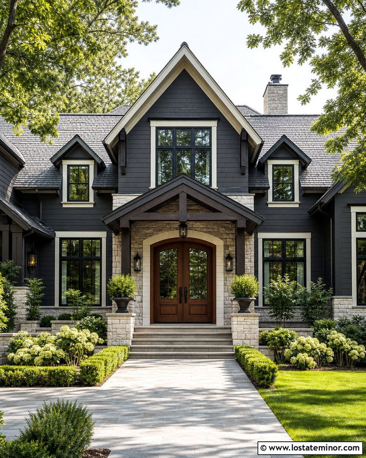 Charcoal Grey House With Mahogany Double Entry Door - 30 Charcoal Grey House Design With Entry Door Ideas