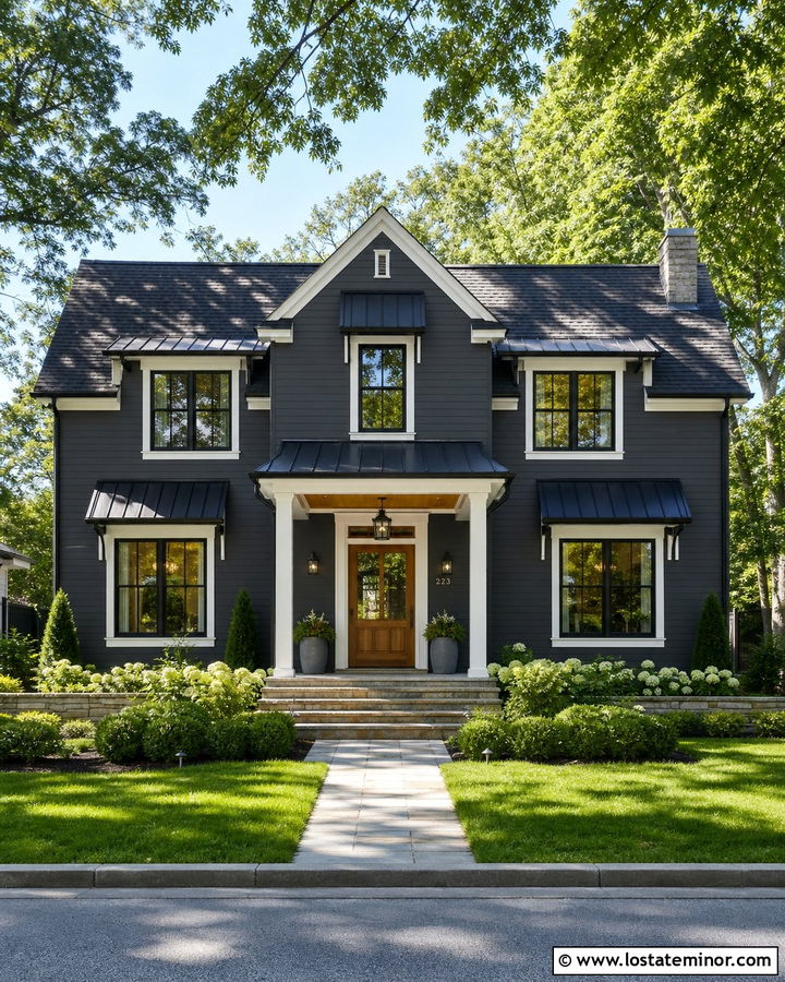 Charcoal Grey House With Matching Charcoal Awnings - 30 Charcoal Grey House Design With Awning Ideas