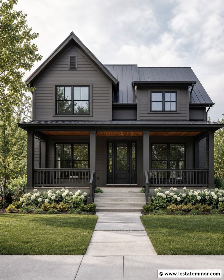 Charcoal Grey House With Matching Charcoal Front Porch - 30 Charcoal Grey House Design With Front Porch Ideas