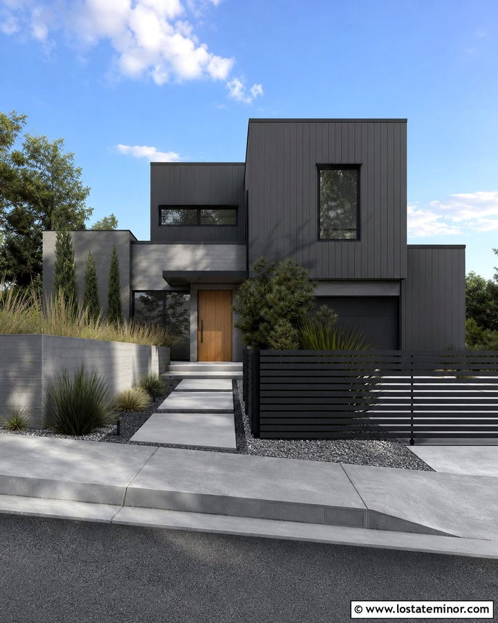 Charcoal Grey House With Matching Metal Fence - 30 Charcoal Grey House Design With Fence Ideas