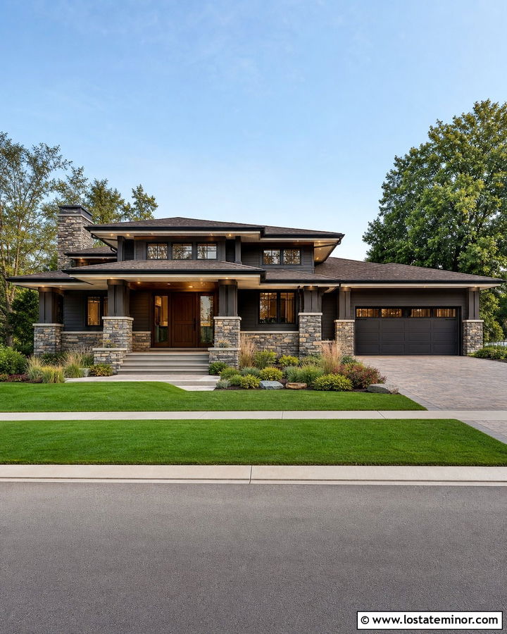 Charcoal Grey House With Mixed Stone Wainscoting - 30 Charcoal Grey House Design With Wainscoting Ideas