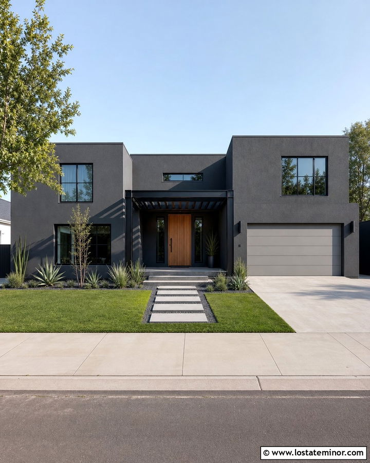 Charcoal Grey House With Modern Front Pergola - 30 Charcoal Grey House Design With Pergola Ideas