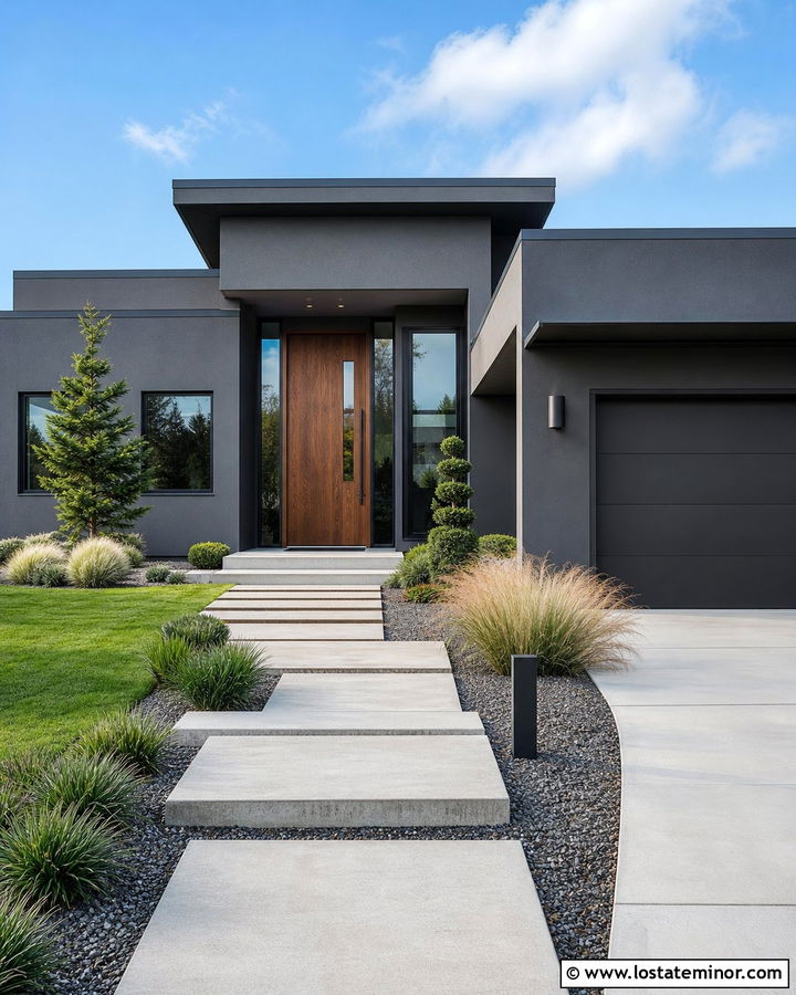 Charcoal Grey House With Modern Pivot Entry Door - 30 Charcoal Grey House Design With Entry Door Ideas