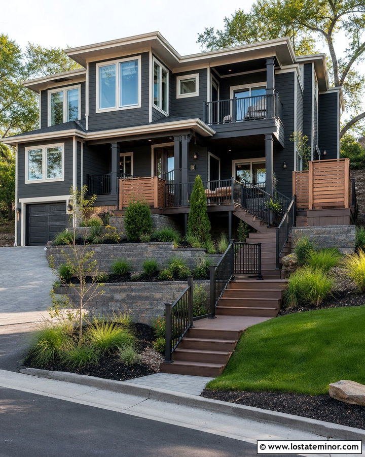 Charcoal Grey House With Multi Level Deck - 30 Charcoal Grey House Design With Deck Ideas