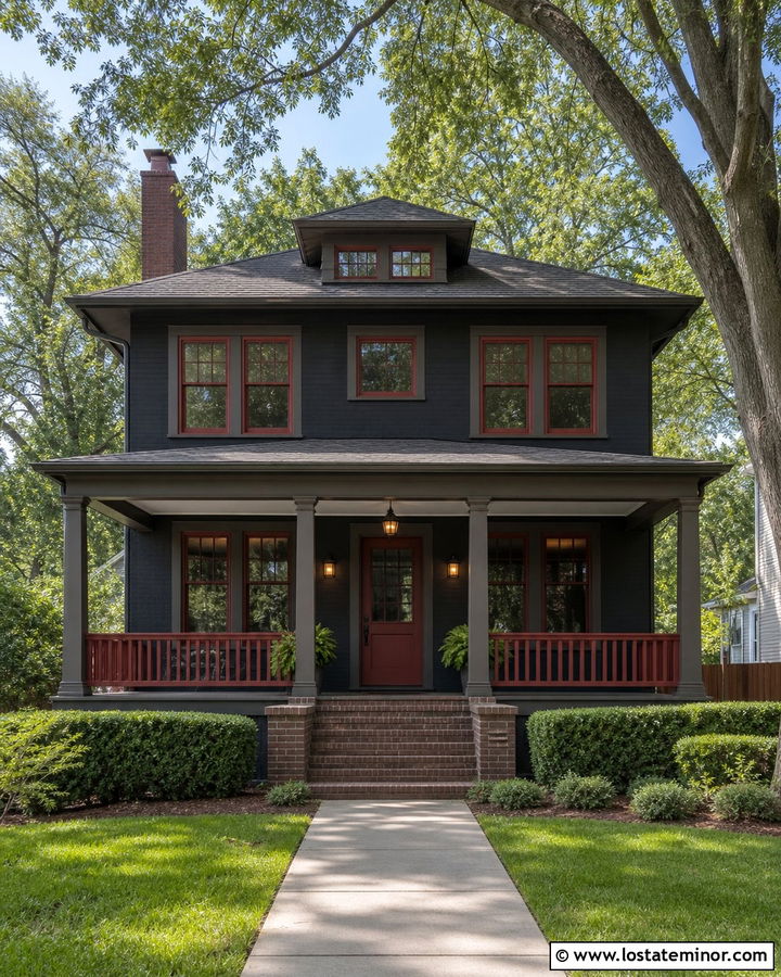 Charcoal Grey House With Muted Red Trim And Gray Roof - 30 Charcoal Grey House Design With Trim Ideas