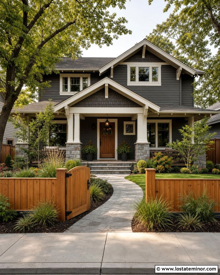 Charcoal Grey House With Natural Cedar Fence - 30 Charcoal Grey House Design With Fence Ideas