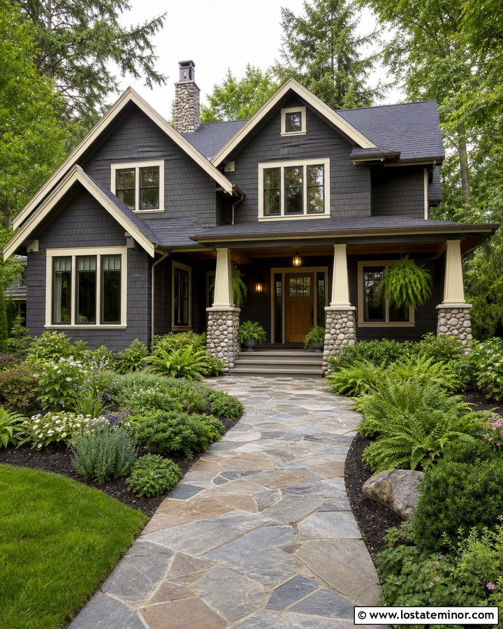 Charcoal Grey House With Natural Flagstone Walkway - 30 Charcoal Grey House Design With Walkway Ideas