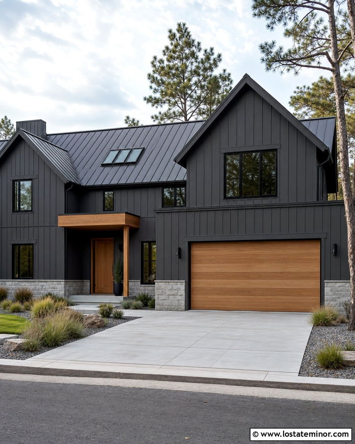 Charcoal Grey House With Natural Oak Garage Door - 30 Charcoal Grey House Design With Garage Door Ideas