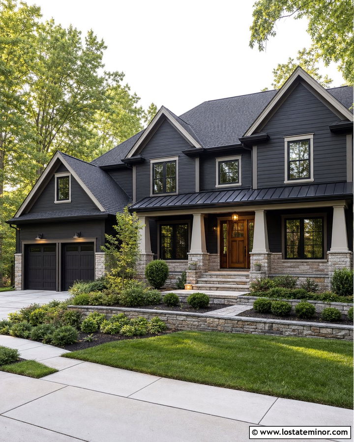 Charcoal Grey House With Natural Stone Porch Wainscoting - 30 Charcoal Grey House Design With Wainscoting Ideas
