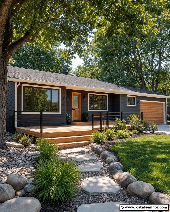 Charcoal Grey House With Natural Wood Deck - 30 Charcoal Grey House Design With Deck Ideas