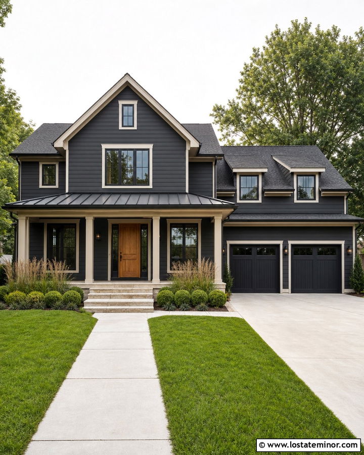 Charcoal Grey House With Natural Wood Door - 30 Charcoal Grey House Design With Accents Ideas