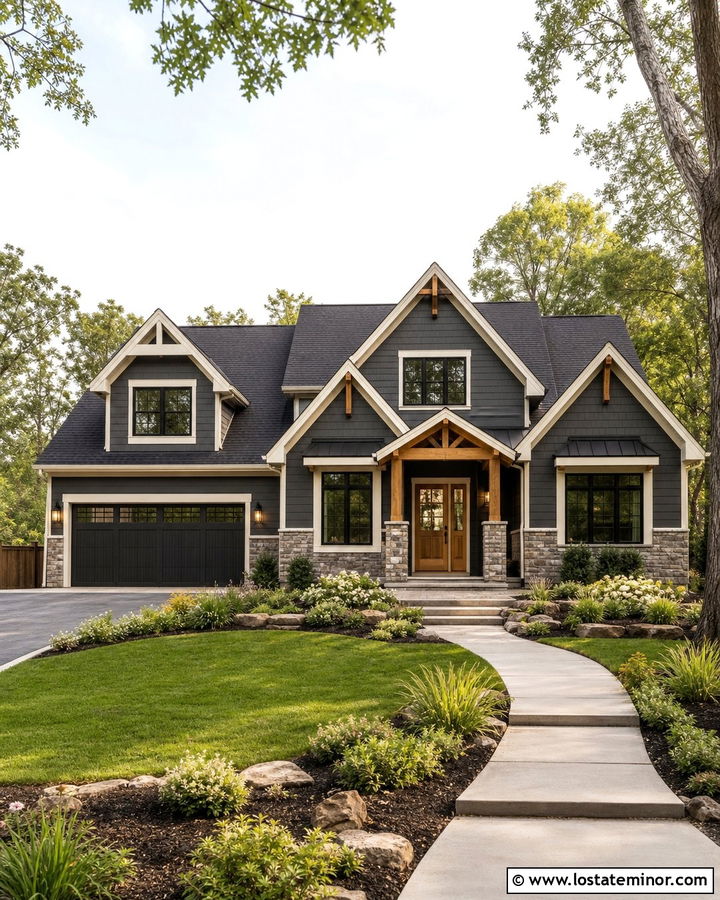 Charcoal Grey House With Natural Wood Entry Door - 30 Charcoal Grey House Design With Entry Door Ideas