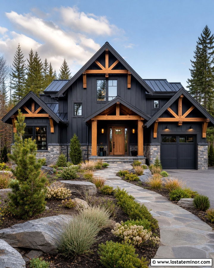 Charcoal Grey House With Natural Wood Gable Beams - 30 Charcoal Grey House Design With Gables Ideas