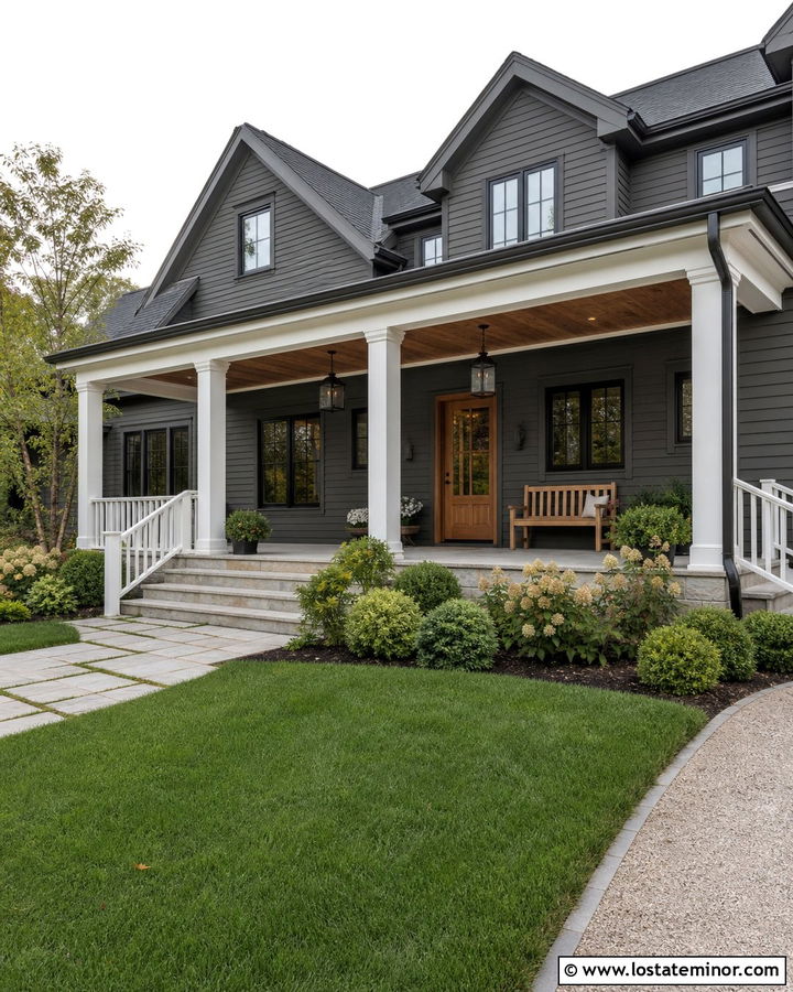 Charcoal Grey House With Natural Wood Porch Ceiling - 30 Charcoal Grey House Design With Front Porch Ideas
