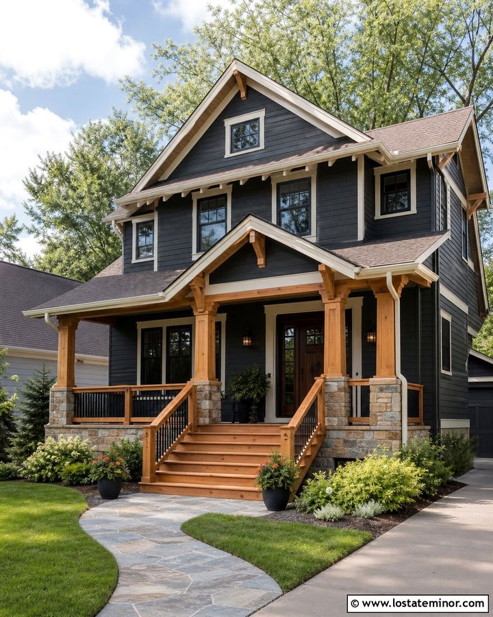 Charcoal Grey House With Natural Wood Steps - 30 Charcoal Grey House Design With Steps Ideas