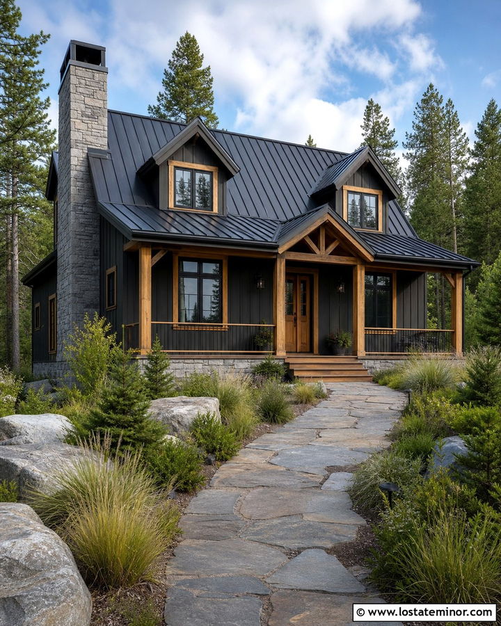 Charcoal Grey House With Natural Wood Trim And Metal Roof - 30 Charcoal Grey House Design With Trim Ideas