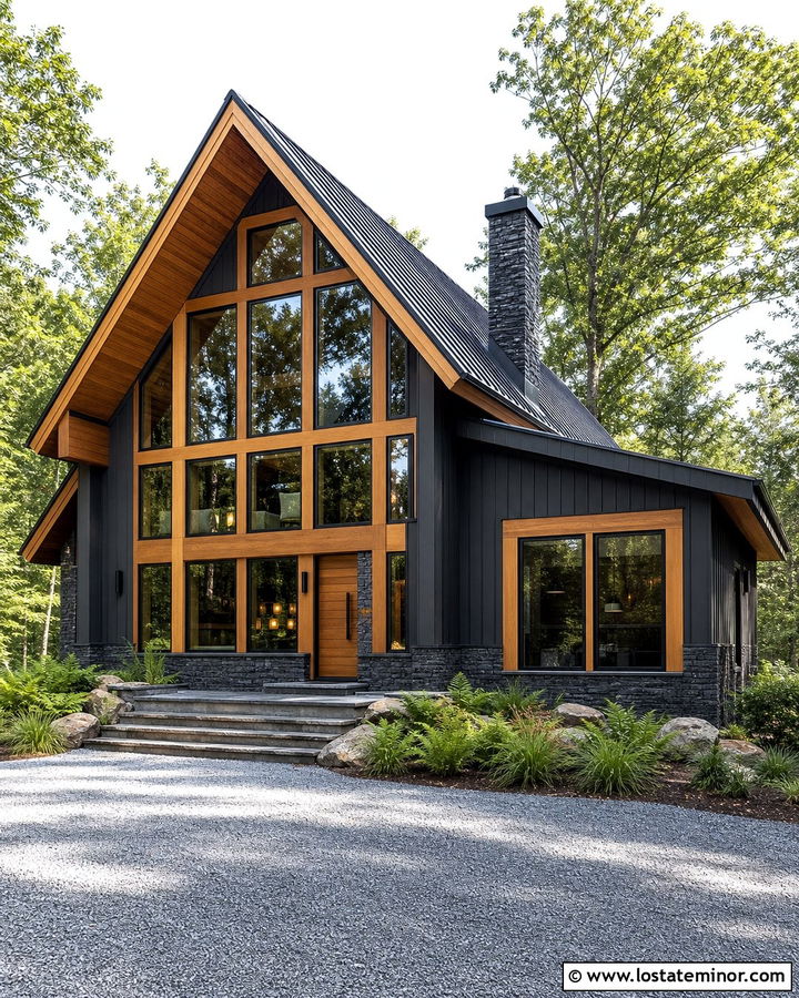 Charcoal Grey House With Natural Wood Window Frames - 30 Charcoal Grey House Design With Window Frames Ideas