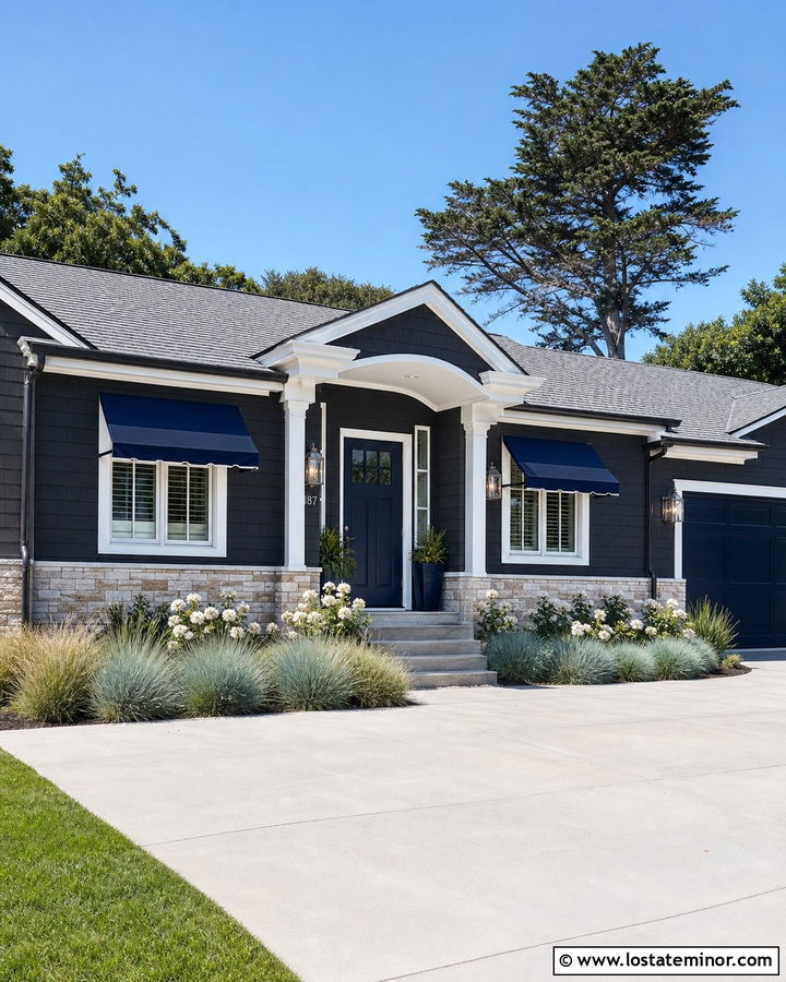 Charcoal Grey House With Navy Blue Awning - 30 Charcoal Grey House Design With Awning Ideas