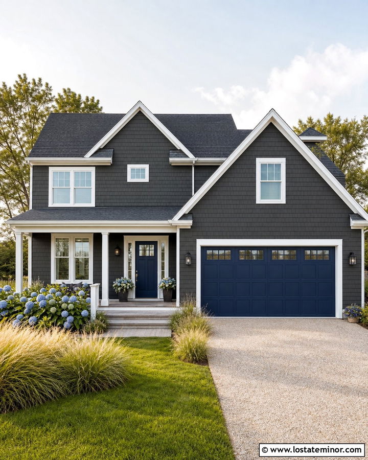 Charcoal Grey House With Navy Garage Door - 30 Charcoal Grey House Design With Garage Door Ideas