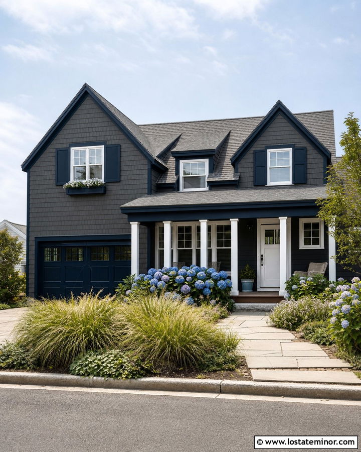 Charcoal Grey House With Navy Trim And White Door - 30 Charcoal Grey House Design With Trim Ideas