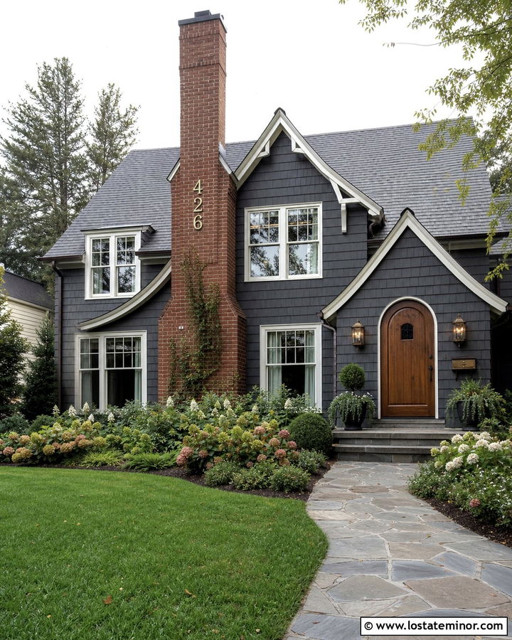 Charcoal Grey House With Numbers On A Brick Chimney - 30 Charcoal Grey House Design With House Numbers Ideas