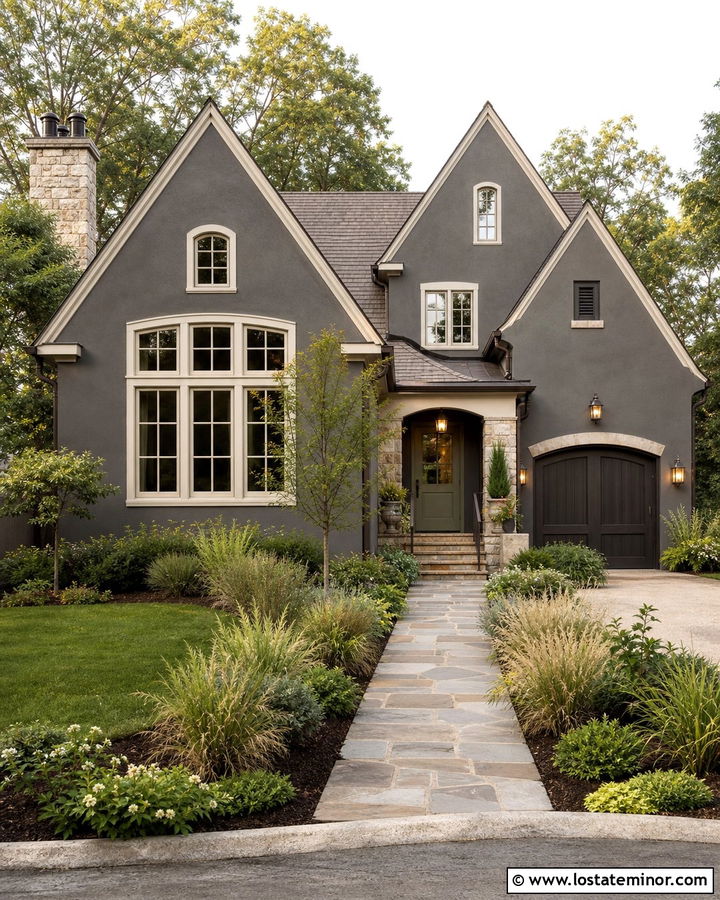 Charcoal Grey House With Olive Door And Brass Lights - 30 Charcoal Grey House Design With Light Fixtures Ideas