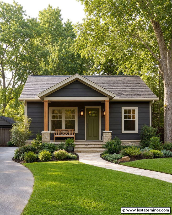 Charcoal Grey House With Olive Door And Warm Lights - 30 Charcoal Grey House Design With Lighting Ideas