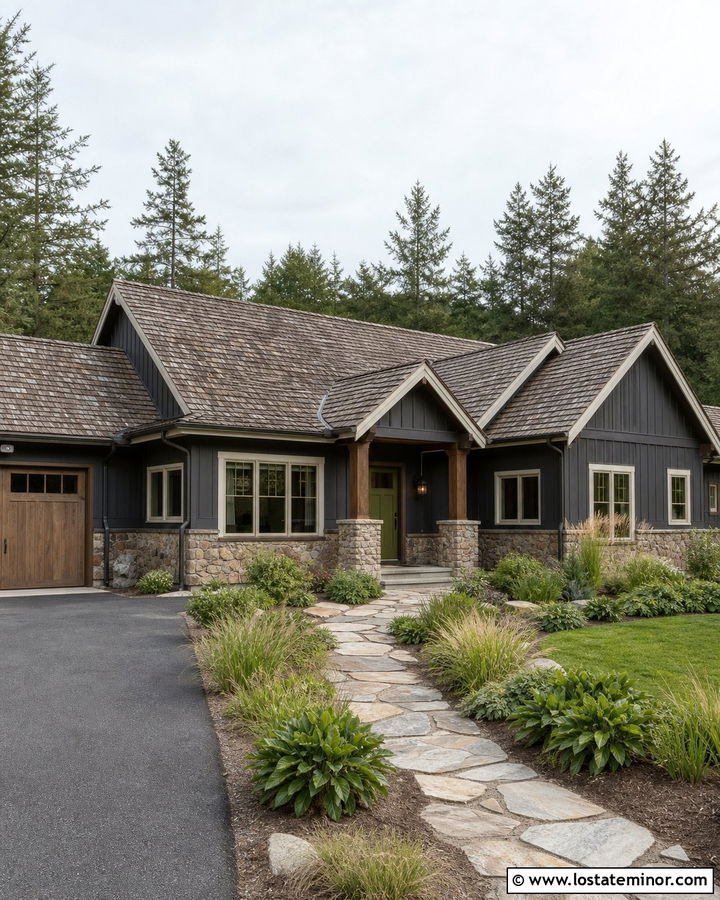 Charcoal Grey House With Olive Green Entry Door - 30 Charcoal Grey House Design With Entry Door Ideas