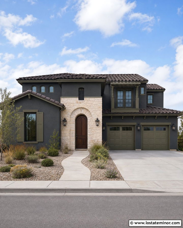 Charcoal Grey House With Olive Trim And Limestone - 30 Charcoal Grey House Design With Trim Ideas