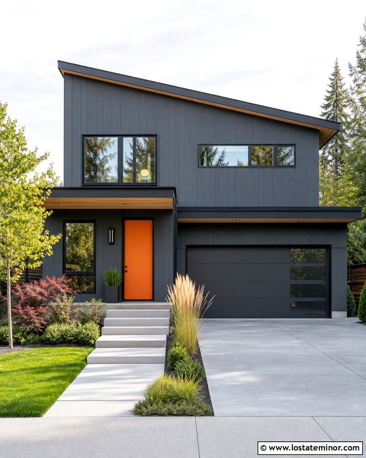 Charcoal Grey House With Orange Entry Door - 30 Charcoal Grey House Design With Entry Door Ideas