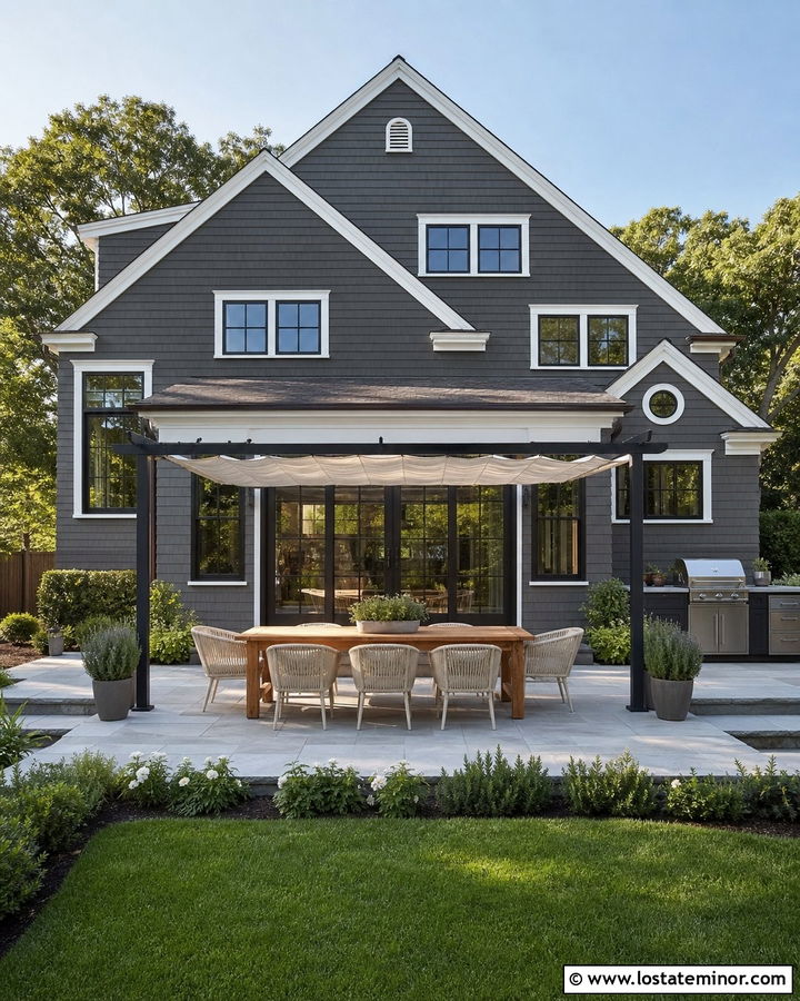Charcoal Grey House With Outdoor Dining Area - 30 Charcoal Grey House Design With Backyard Ideas