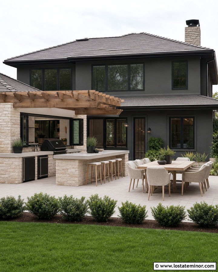 Charcoal Grey House With Outdoor Kitchen - 30 Charcoal Grey House Design With Backyard Ideas