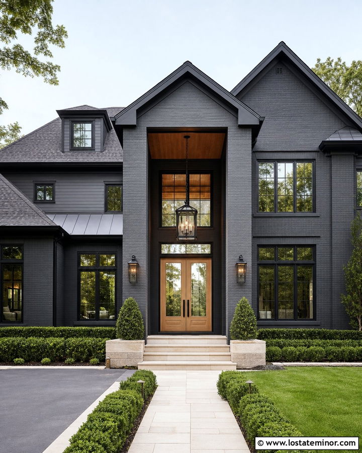 Charcoal Grey House With Oversized Entry Pendants - 30 Charcoal Grey House Design With Lighting Ideas