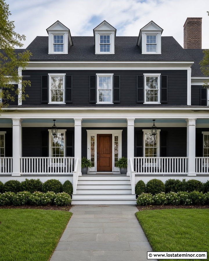 Charcoal Grey House With Pale Blue Porch Ceiling - 30 Charcoal Grey House Design With Front Porch Ideas