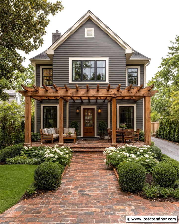 Charcoal Grey House With Pergola And Brick Patio - 30 Charcoal Grey House Design With Pergola Ideas