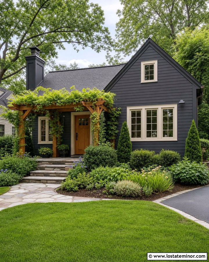 Charcoal Grey House With Pergola And Climbing Vines - 30 Charcoal Grey House Design With Pergola Ideas