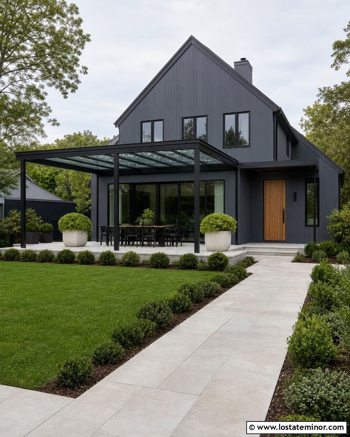 Charcoal Grey House With Pergola And Glass Roof - 30 Charcoal Grey House Design With Pergola Ideas