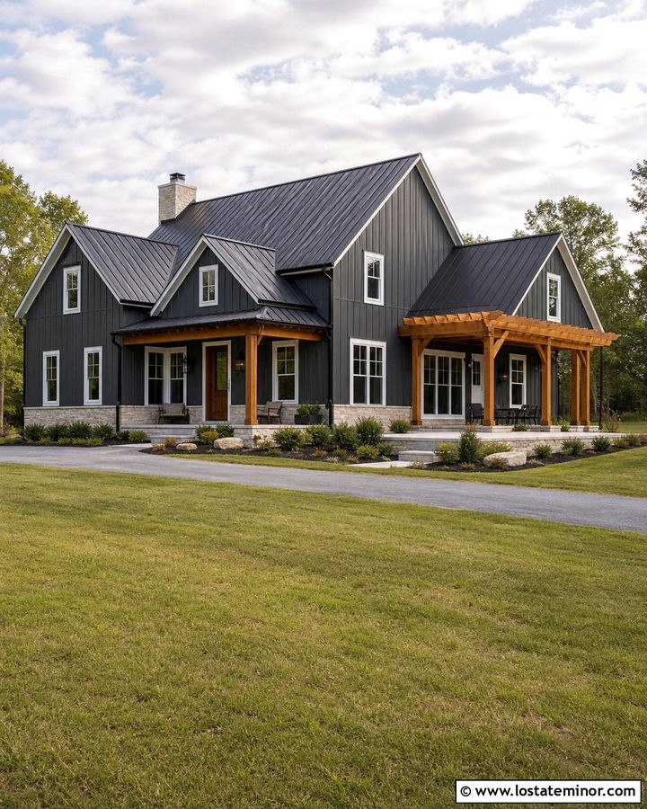 Charcoal Grey House With Pergola And Metal Roof - 30 Charcoal Grey House Design With Pergola Ideas