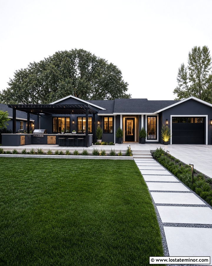 Charcoal Grey House With Pergola And Outdoor Kitchen - 30 Charcoal Grey House Design With Pergola Ideas