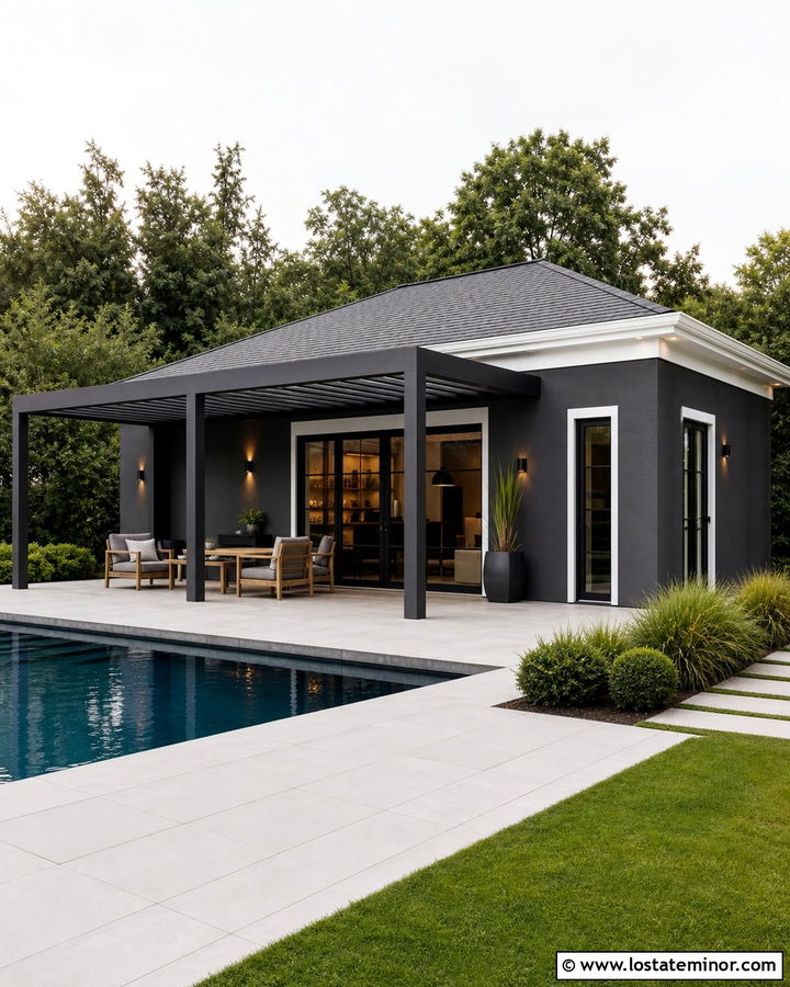Charcoal Grey House With Pergola And Pool Patio - 30 Charcoal Grey House Design With Pergola Ideas