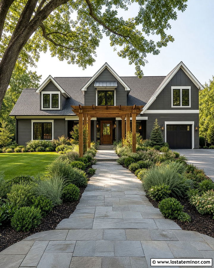 Charcoal Grey House With Pergola And Stone Walkway - 30 Charcoal Grey House Design With Pergola Ideas