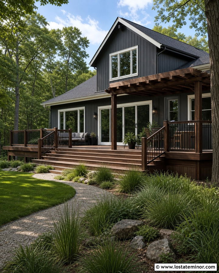 Charcoal Grey House With Pergola And Wood Deck - 30 Charcoal Grey House Design With Pergola Ideas