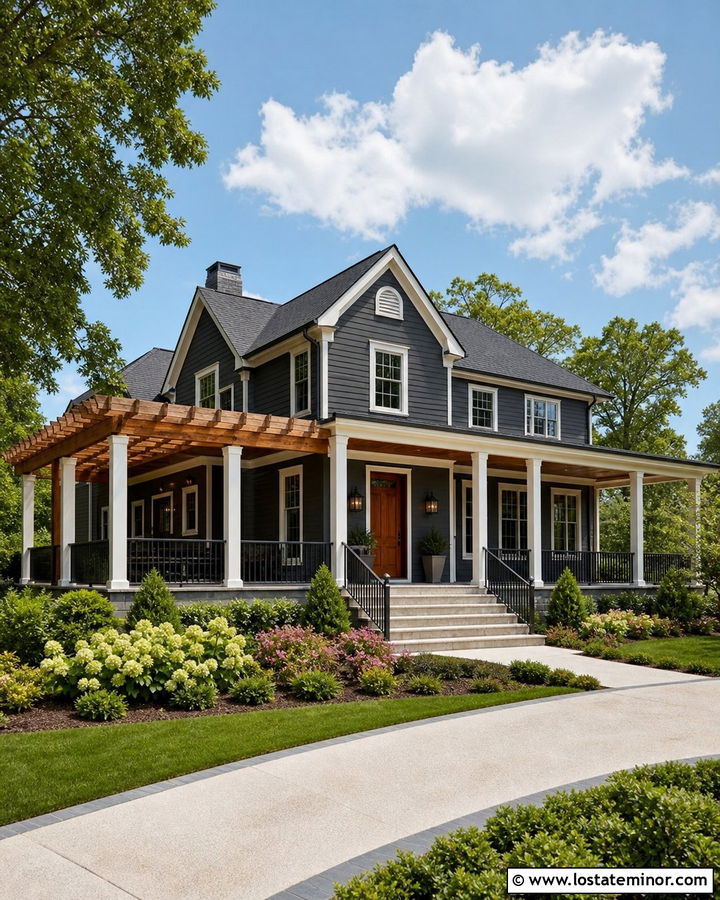 Charcoal Grey House With Pergola And Wraparound Porch - 30 Charcoal Grey House Design With Pergola Ideas