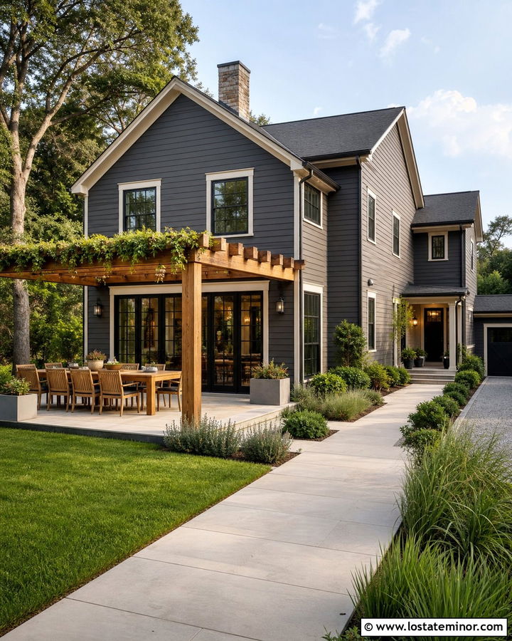Charcoal Grey House With Pergola Dining Area - 30 Charcoal Grey House Design With Pergola Ideas