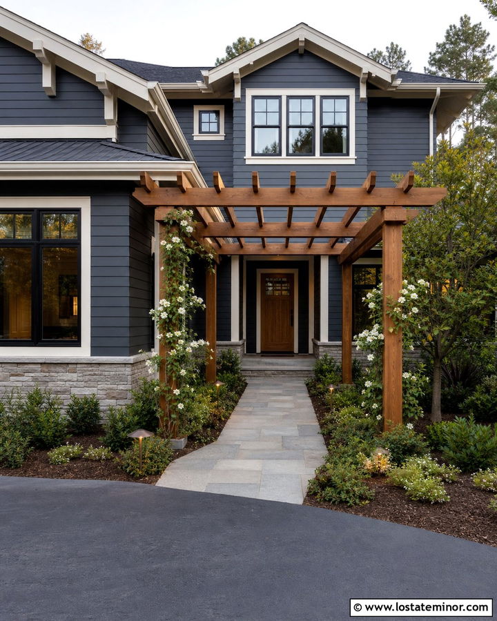 Charcoal Grey House With Pergola Entry Walkway - 30 Charcoal Grey House Design With Pergola Ideas